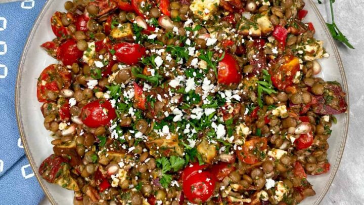 This lentil sweet potato salad is a hearty, colorful combination of earthy lentils, roasted sweet potatoes, fresh vegetables, and a flavorful chipotle pomegranate vinaigrette.