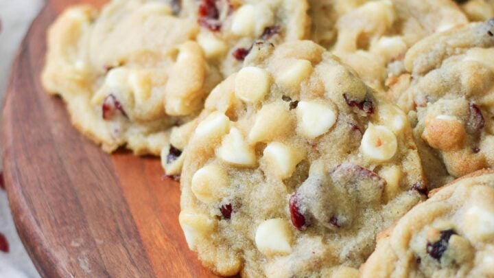 Soft and chewy cranberry white chocolate chip cookies made with dried cranberries and white chocolate chips—perfect for cookie swaps and everyday treats.